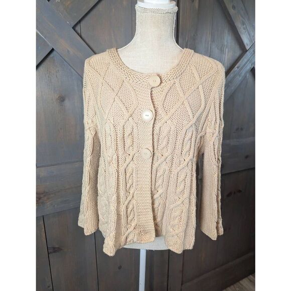 Jillian Nicole Cardigan Sweater Women's PLarge Beige Cotton Blend Cable Knit - Picture 1 of 7